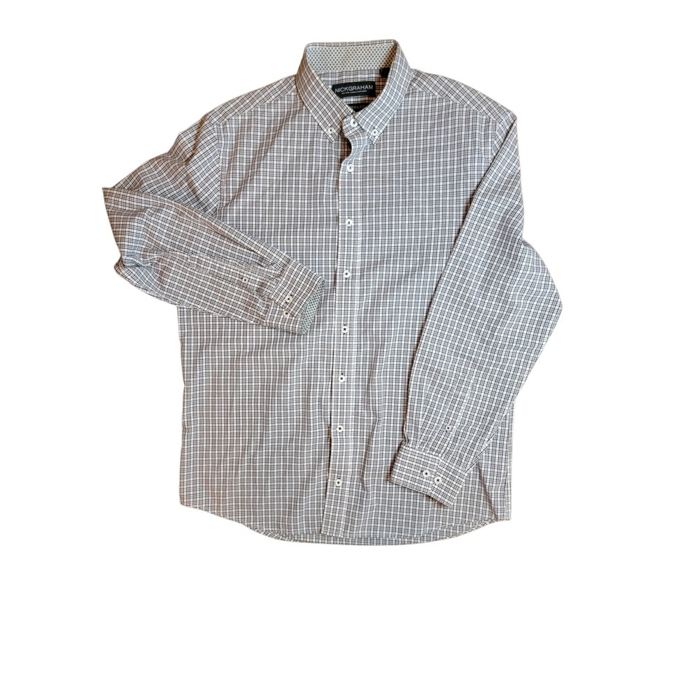 Nick Graham Plaid Button Down Mens 16 34/35 White Black Excellent Modern Fit